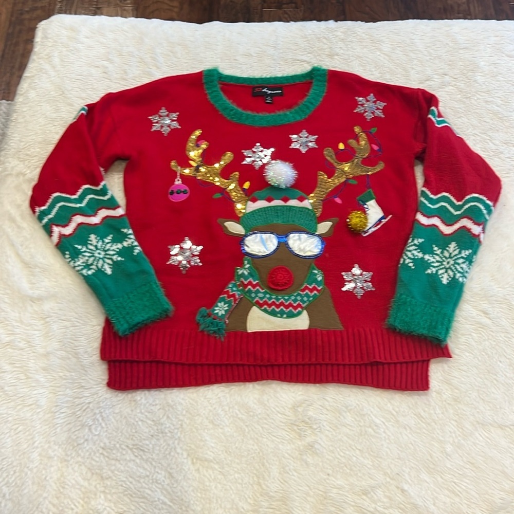 33 Degrees Womens Sequin Snowflake Reindeer Pom Holiday‎ Christmas Sweater large